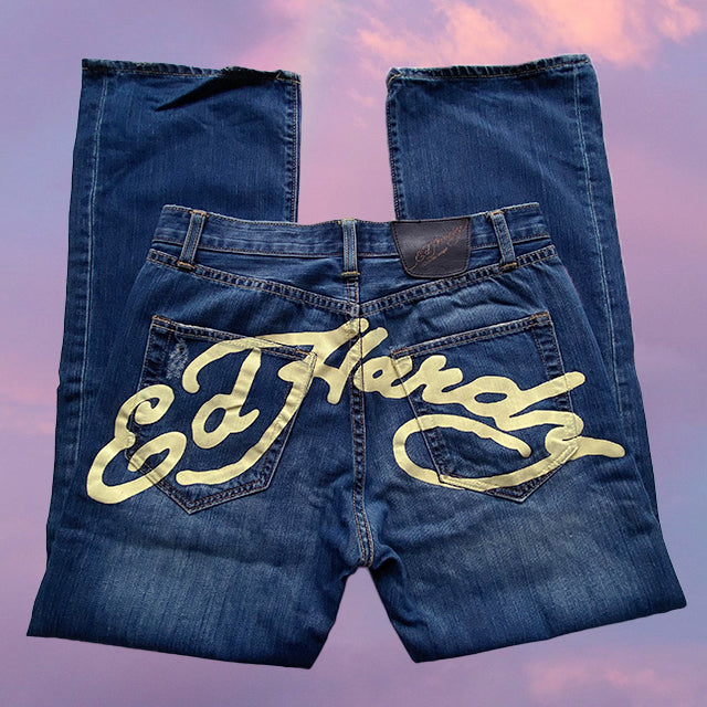 Vintage Y2K Cyber Ed Hardy Jeans (L - Low Waisted Baggy Fit)