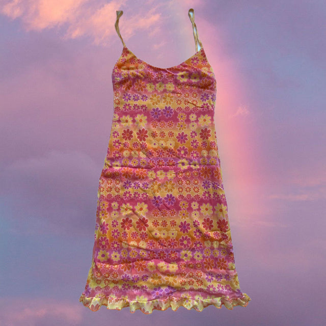 Vintage 90's Summer Funky Flower Mesh Midi Dress (M)