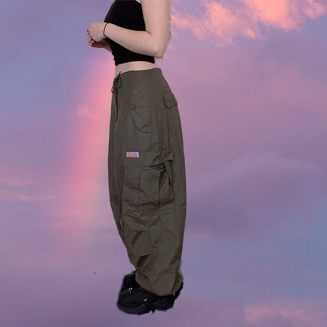 Vintage 90's Archive Khaki Parachute Baggy Cargo Pants (XS-S-M)