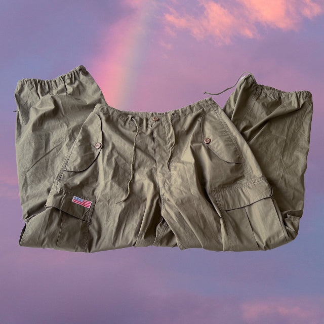 Vintage 90's Archive Khaki Parachute Baggy Cargo Pants (XS-S-M)