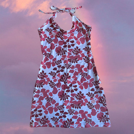 Vintage 90's Summer Pink Hawaiian Print Halter Dress (S)