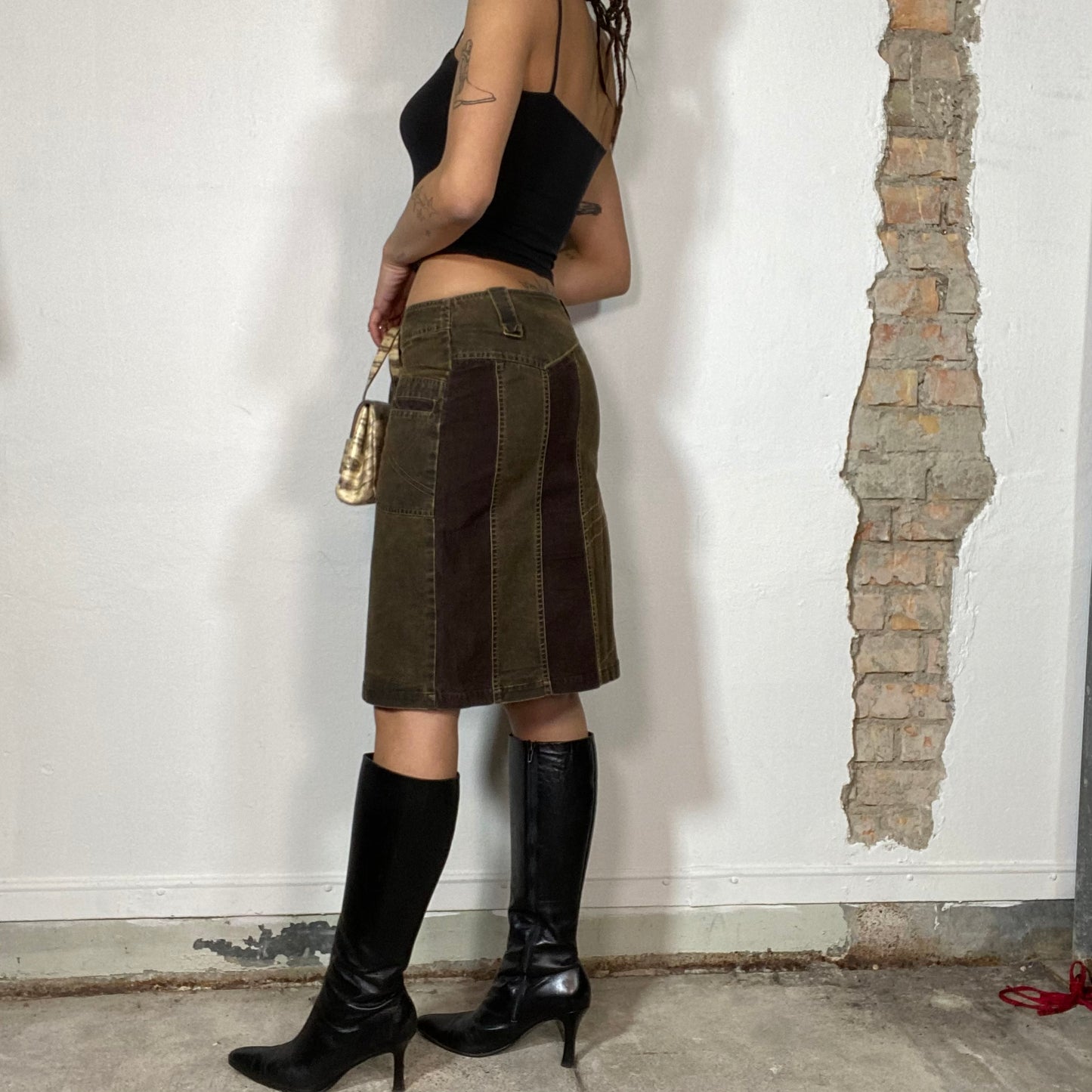 Vintage 2000's Western Brown Patchwork Denim Midi Skirt (S)