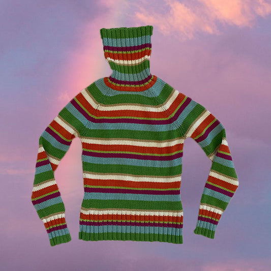 Vintage 90's Rainbow Striped Chunky Knit Rollneck Sweater (S/M)