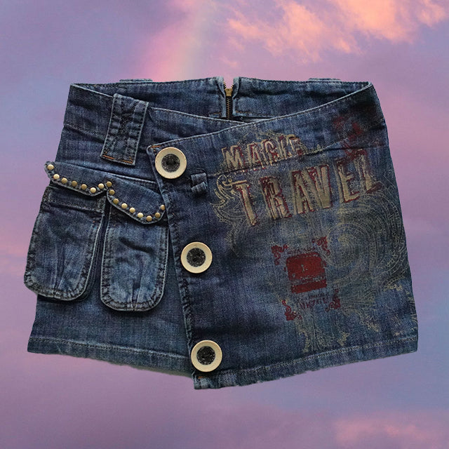 Vintage Y2K Funky Denim Wrap Miniskirt with Cargo Pockets and Graphic Text (XS)