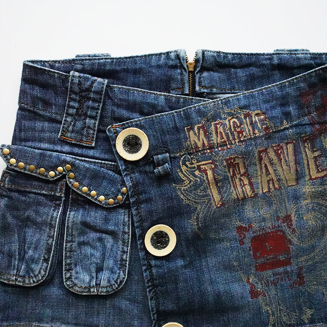 Vintage Y2K Funky Denim Wrap Miniskirt with Cargo Pockets and Graphic Text (XS)