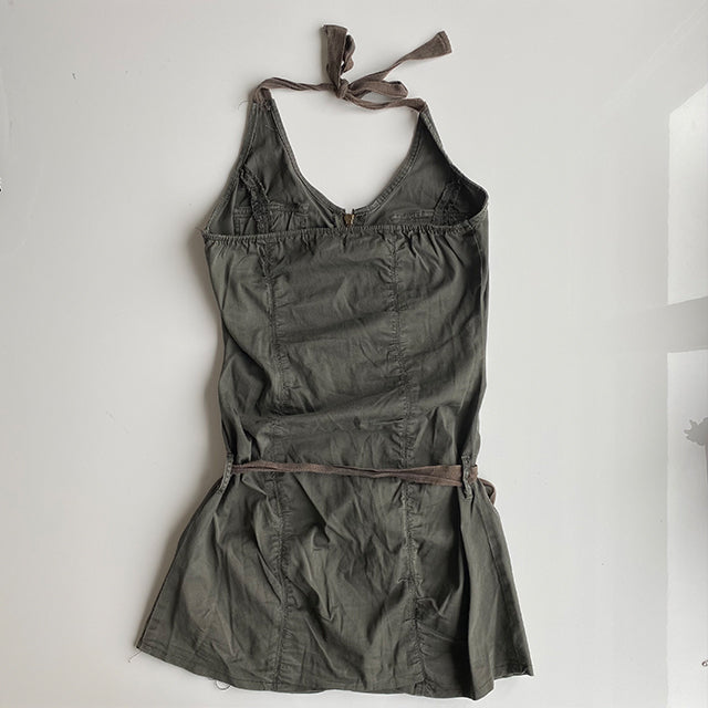 Vintage 90's Archive Halter Khaki Cargo Zip Up Dress (L)