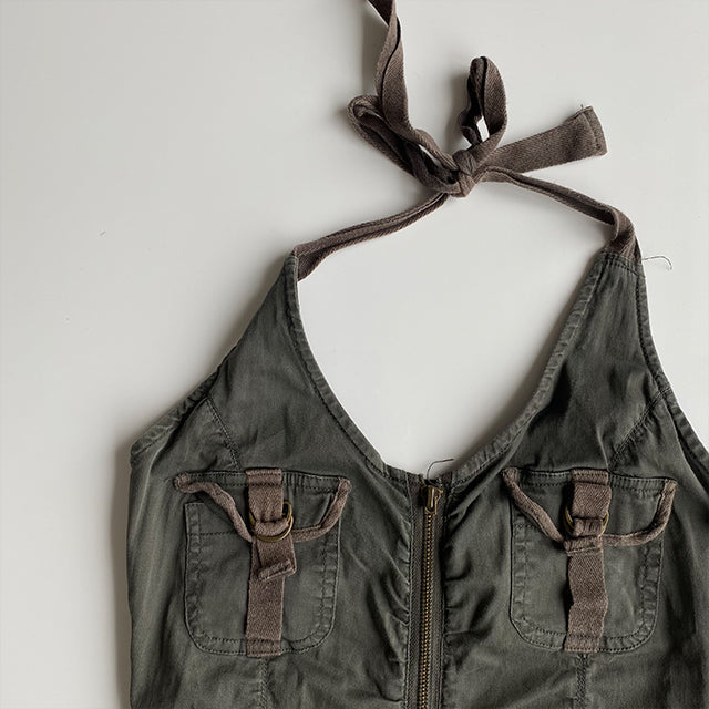 Vintage 90's Archive Halter Khaki Cargo Zip Up Dress (L)