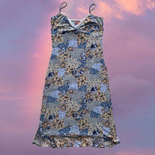 Vintage 90's Romantic Blue Floral Patchwork Midi Mesh Dress (M)