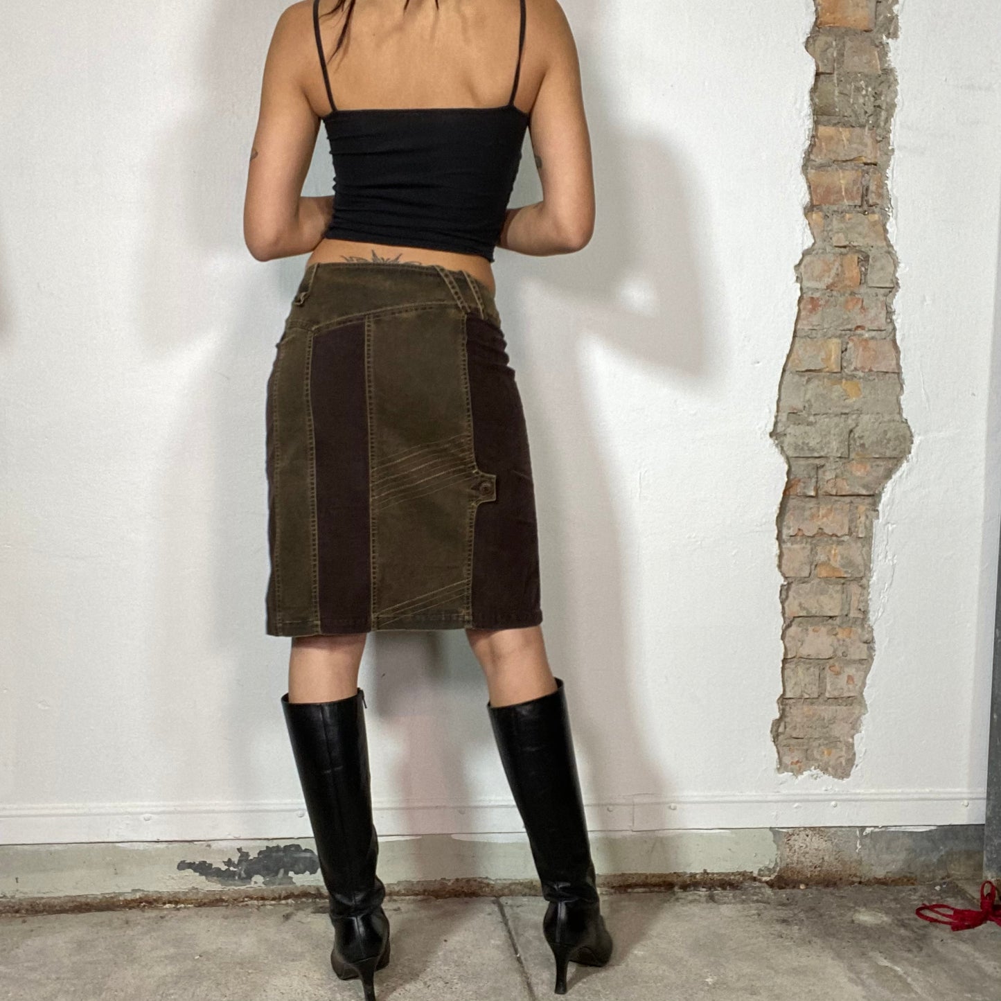 Vintage 2000's Western Brown Patchwork Denim Midi Skirt (S)