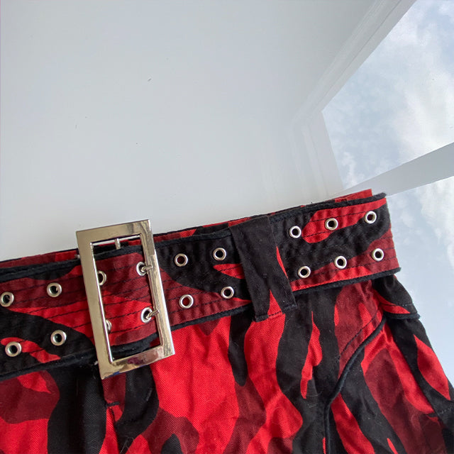 Vintage 90's Rockstar Red Camo Micro Mini Skirt with Buckle Detail (S)