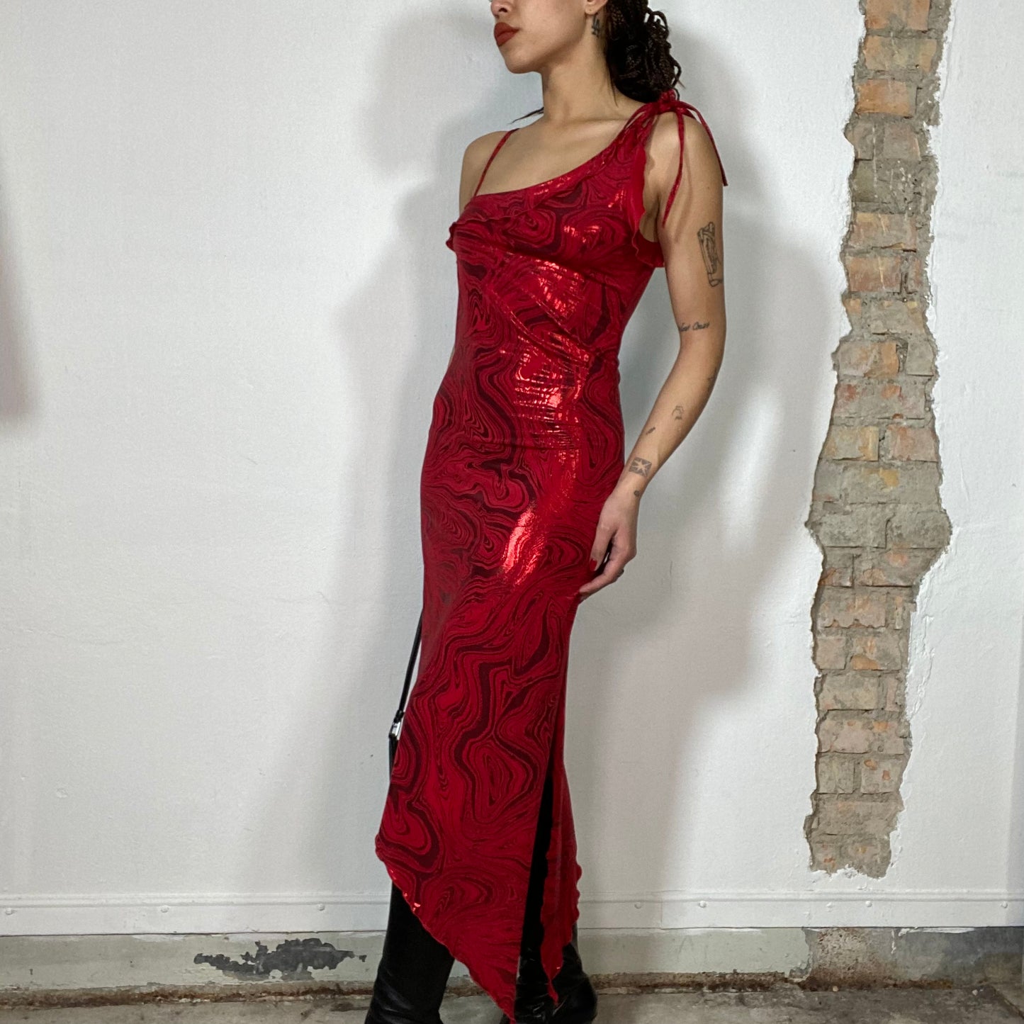 Vintage 90's Summer Red Shiny Squiggly One Shoulder Tango Dress with Ruffle Hem (S)