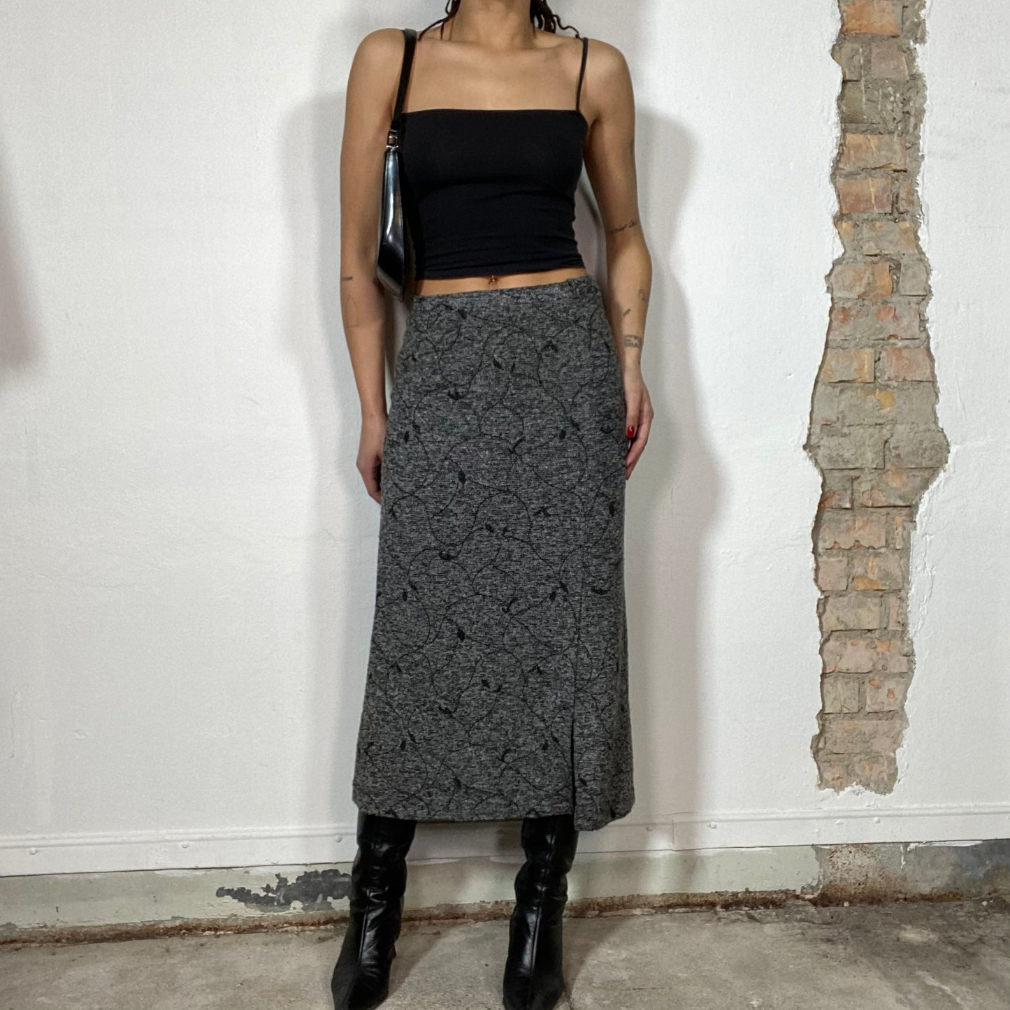 Vintage 90's Classic Grey Maxi Skirt with Black Floral Print (S)