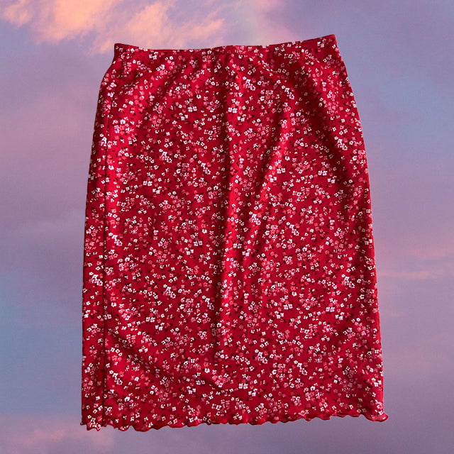 Vintage 90's Romantic Red Floral Mesh Midi Skirt (M)