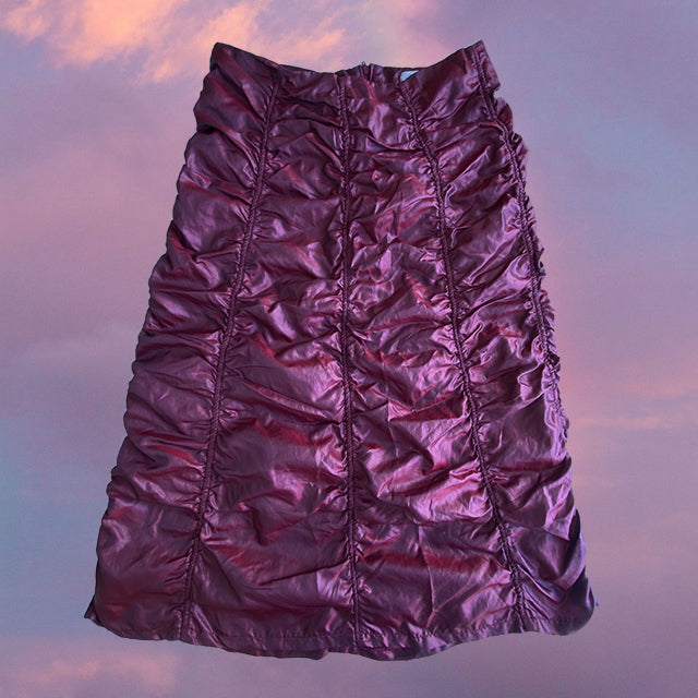 Vintage 90's Tech Red/Purple Shimmery Ruched Midi Skirt (S)