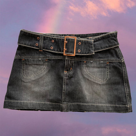Vintage Y2K Rockstar Black Denim Mini Skirt with Buckle Belt (S)