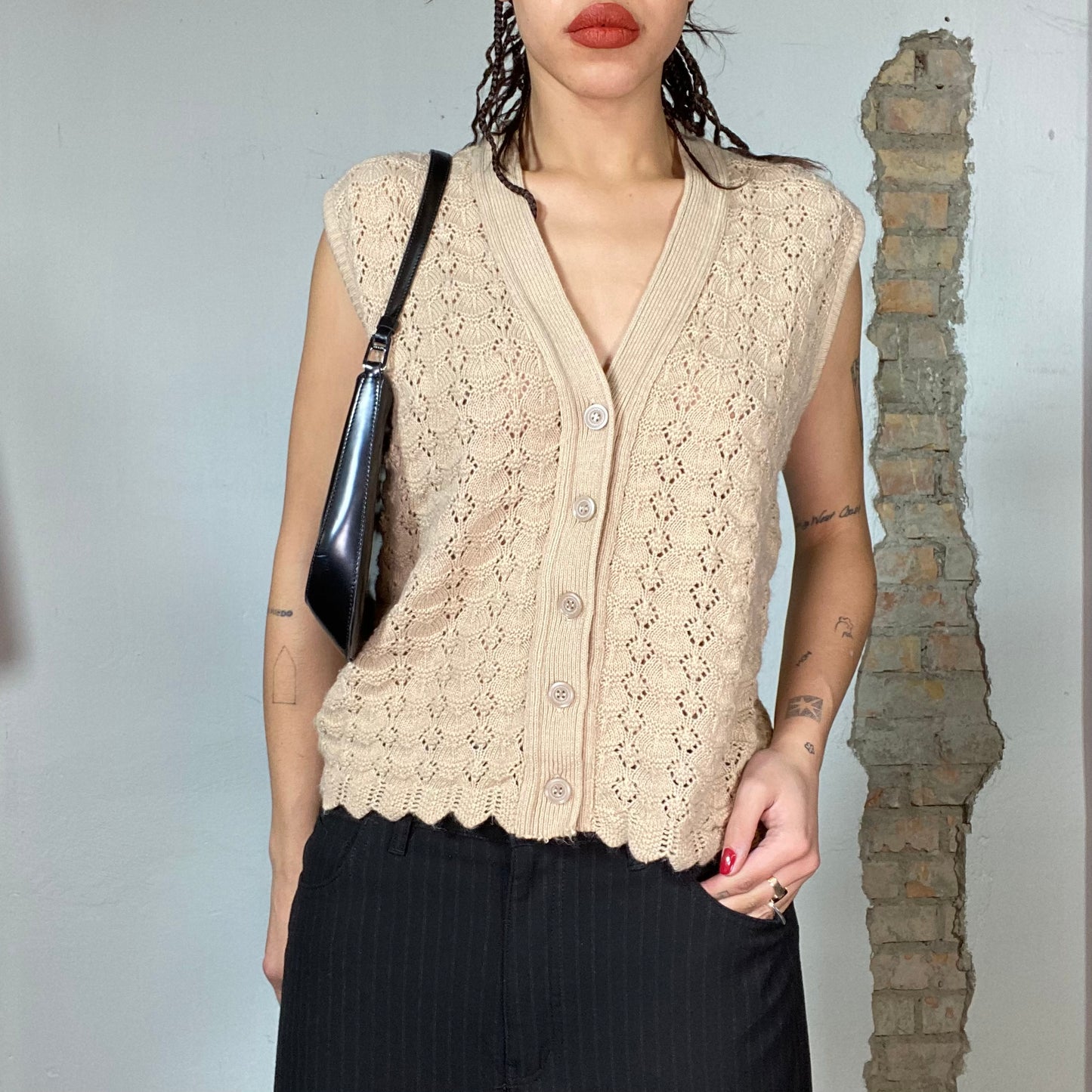 Vintage 90's Whimsigoth Beige Knit Button Up Sweater Vest (M)