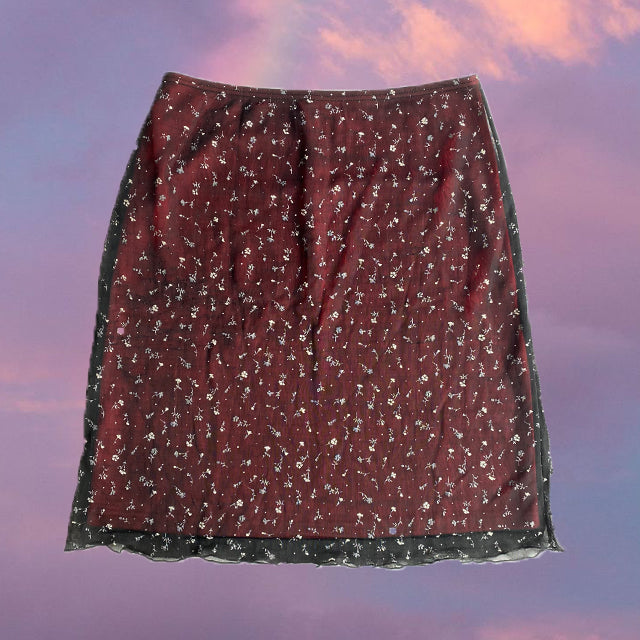 Vintage 90's Romantic Goth Red Midi Skirt with Black Floral Mesh Overlay (M)