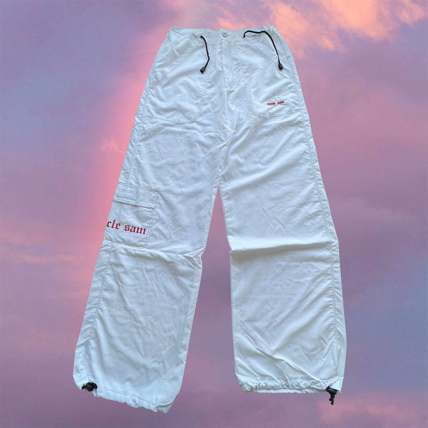 Vintage 90's Techwear Rave White Parachute Pants with Tramp Stamp (XS/S/M)