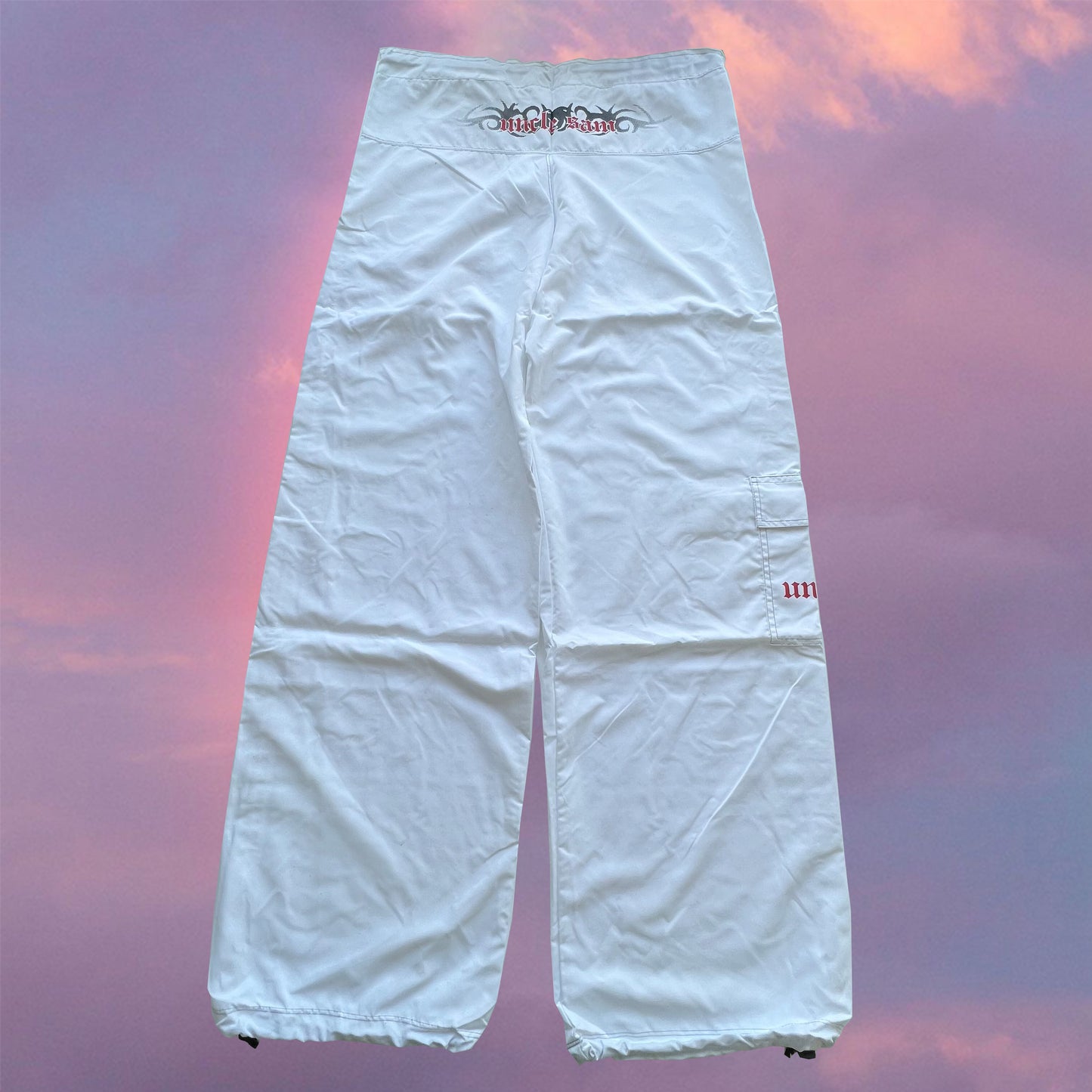 Vintage 90's Techwear Rave White Parachute Pants with Tramp Stamp (XS/S/M)