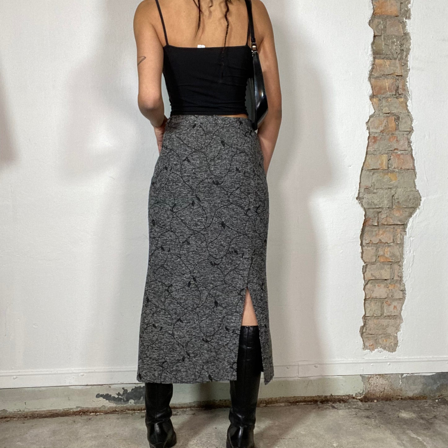 Vintage 90's Classic Grey Maxi Skirt with Black Floral Print (S)