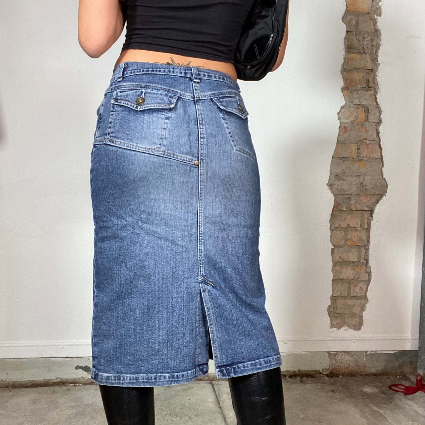 Vintage 90's Downtown Girl Denim Midi Skirt with Zipper Pocket(S)