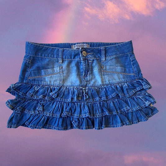 Vintage Y2K Fairy Grunge Ruffle Denim Miniskirt (S - 36 EU - 8 UK)