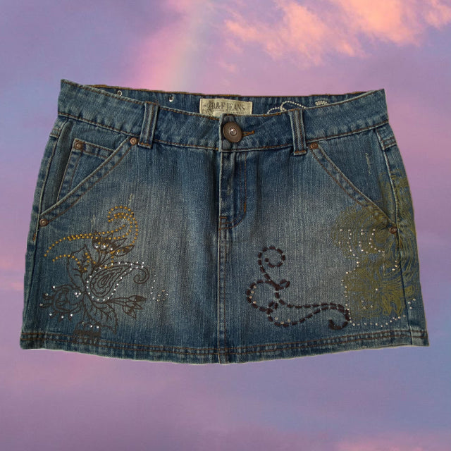 Vintage Y2K Fairy Blue Denim Mini Skirt with Embroidery Details (36 EU - 8 UK)
