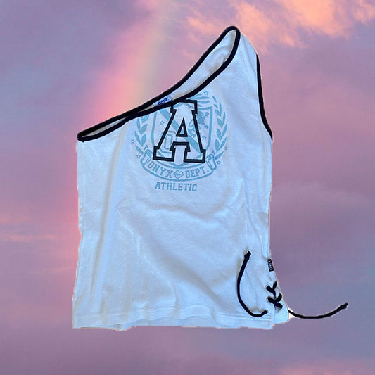 Vintage 90's Sporty White One Shoulder Top With Side Lace Up Detail (M)