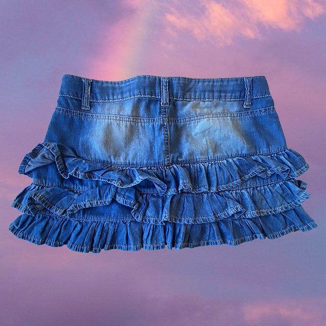 Vintage Y2K Fairy Grunge Ruffle Denim Miniskirt (S - 36 EU - 8 UK)