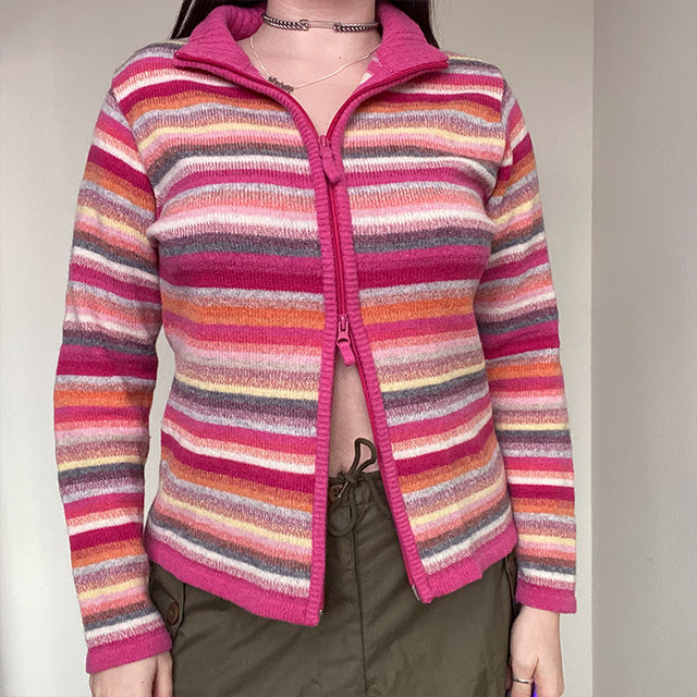 Vintage 90's Skater Rainbow Striped Chunky Knit Zip Up (S/M)