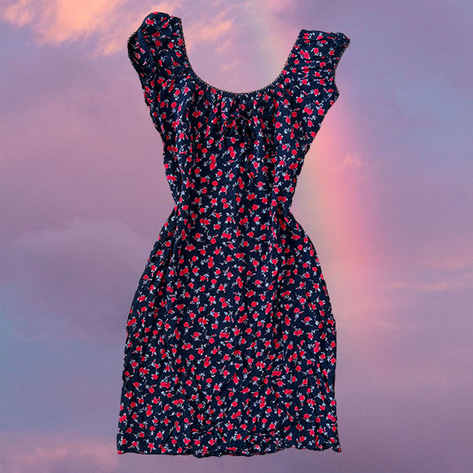 Vintage 90's Romantic Black Floral Milkmaid Dress (38 EU / UK 10 / US 6)