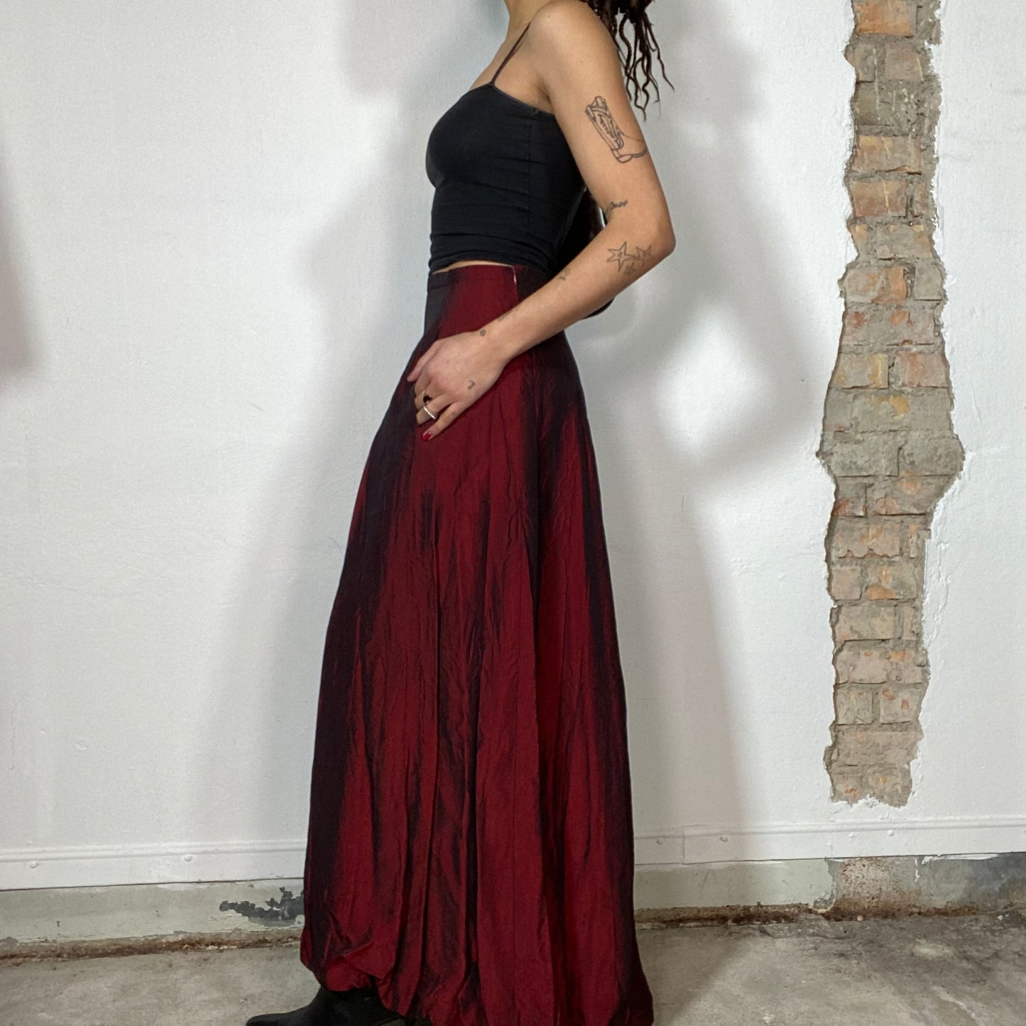 Vintage 90's Cyber Red Iridescent Pleated Maxi Skirt  (S/M)