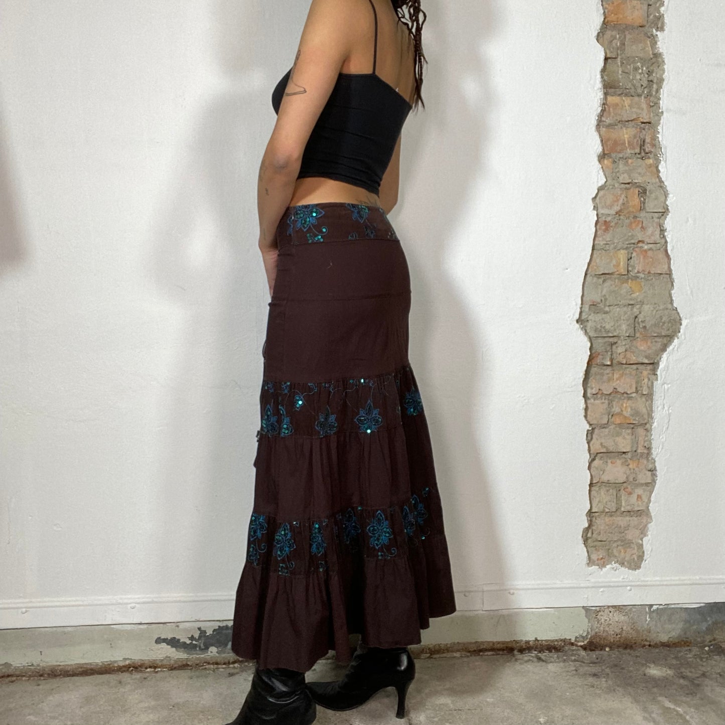 Vintage 2000's Whimsigoth Brown Layered Maxi Skirt with Blue Floral Embroidery (S/M)