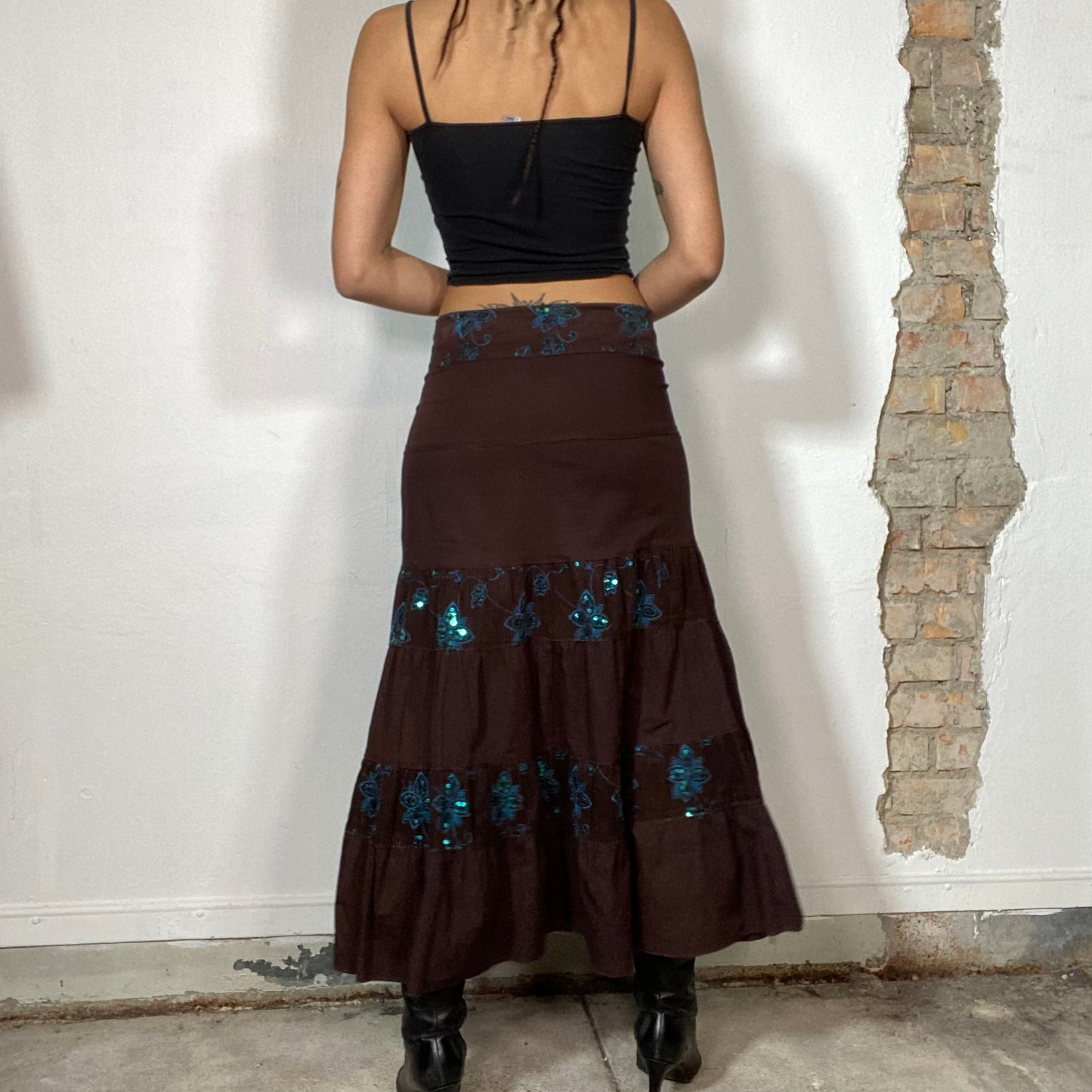 Vintage 2000's Whimsigoth Brown Layered Maxi Skirt with Blue Floral Embroidery (S/M)