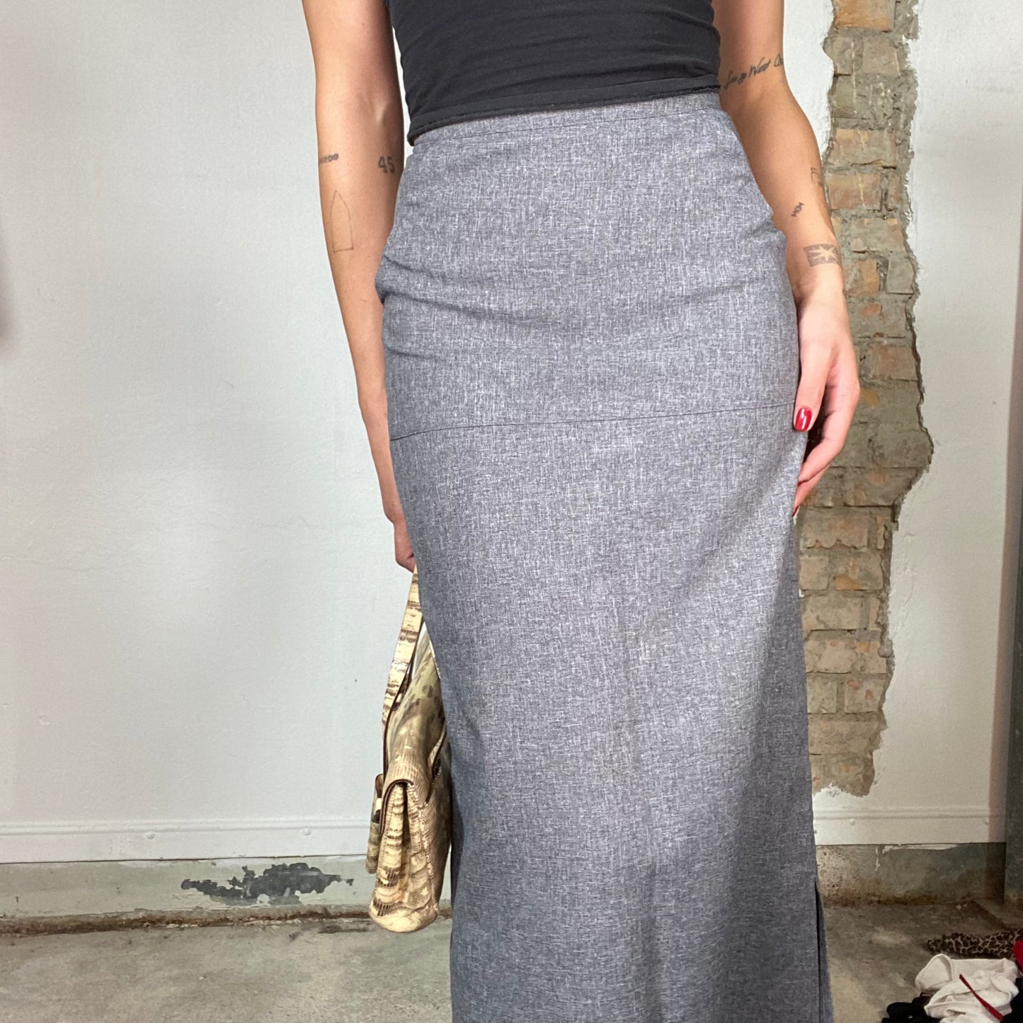 Vintage 90's Classic Grey Maxi Skirt with Side Slit (XS/S)