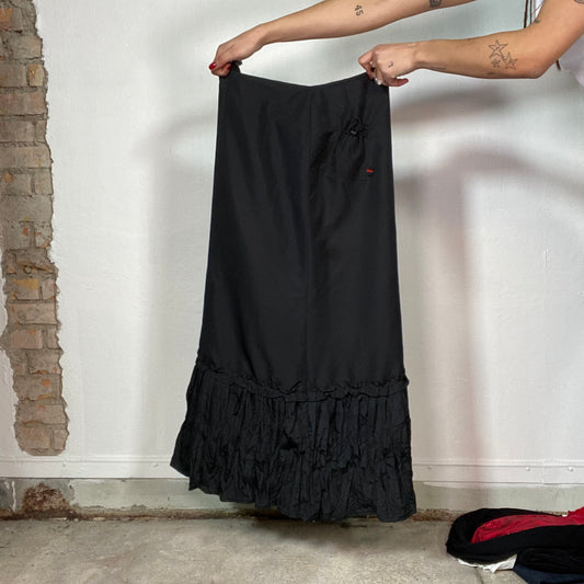 Vintage 2000's Punky Black Maxi Skirt with Ruffle Bottom hem and toggle Detail (XS/S)