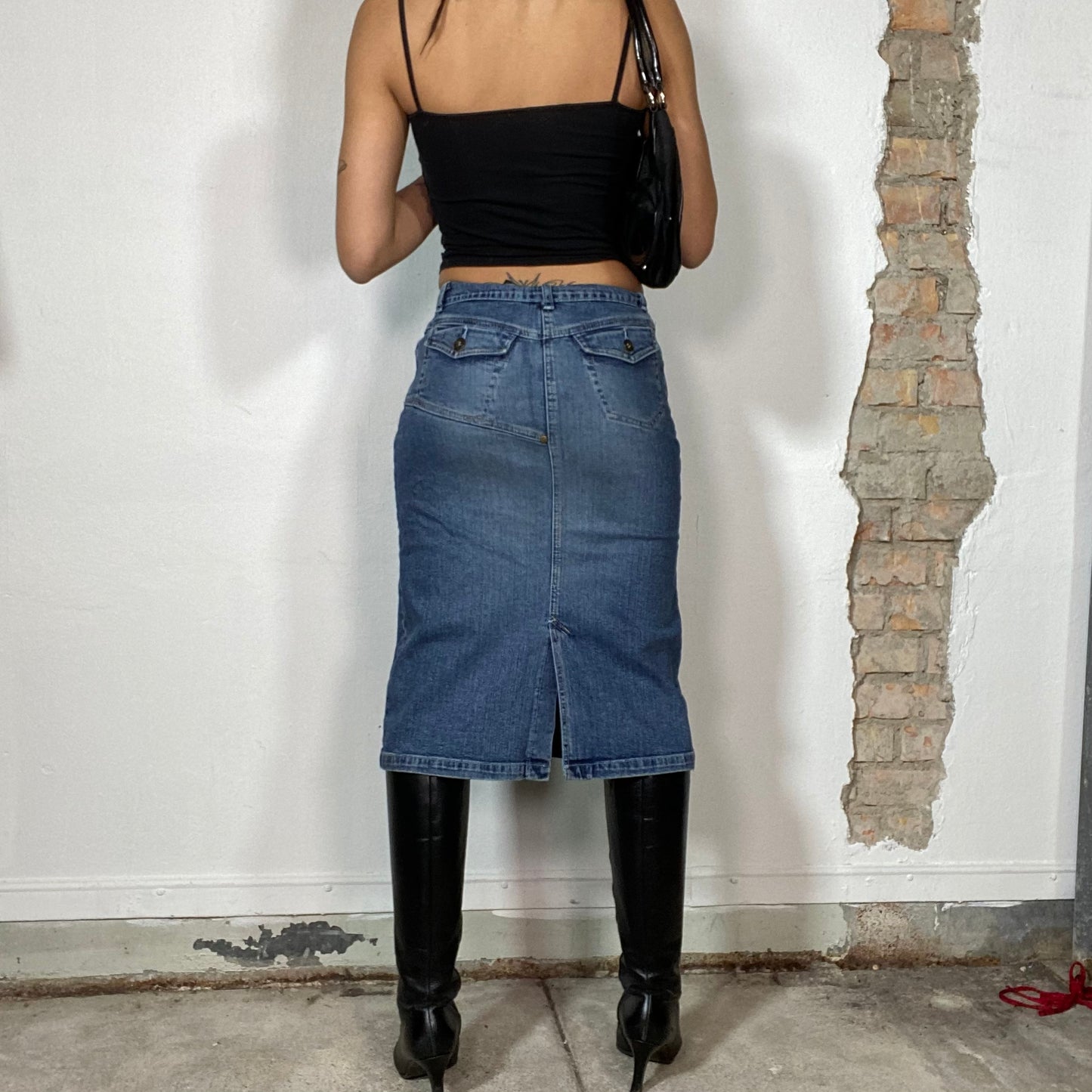 Vintage 90's Downtown Girl Denim Midi Skirt with Zipper Pocket(S)