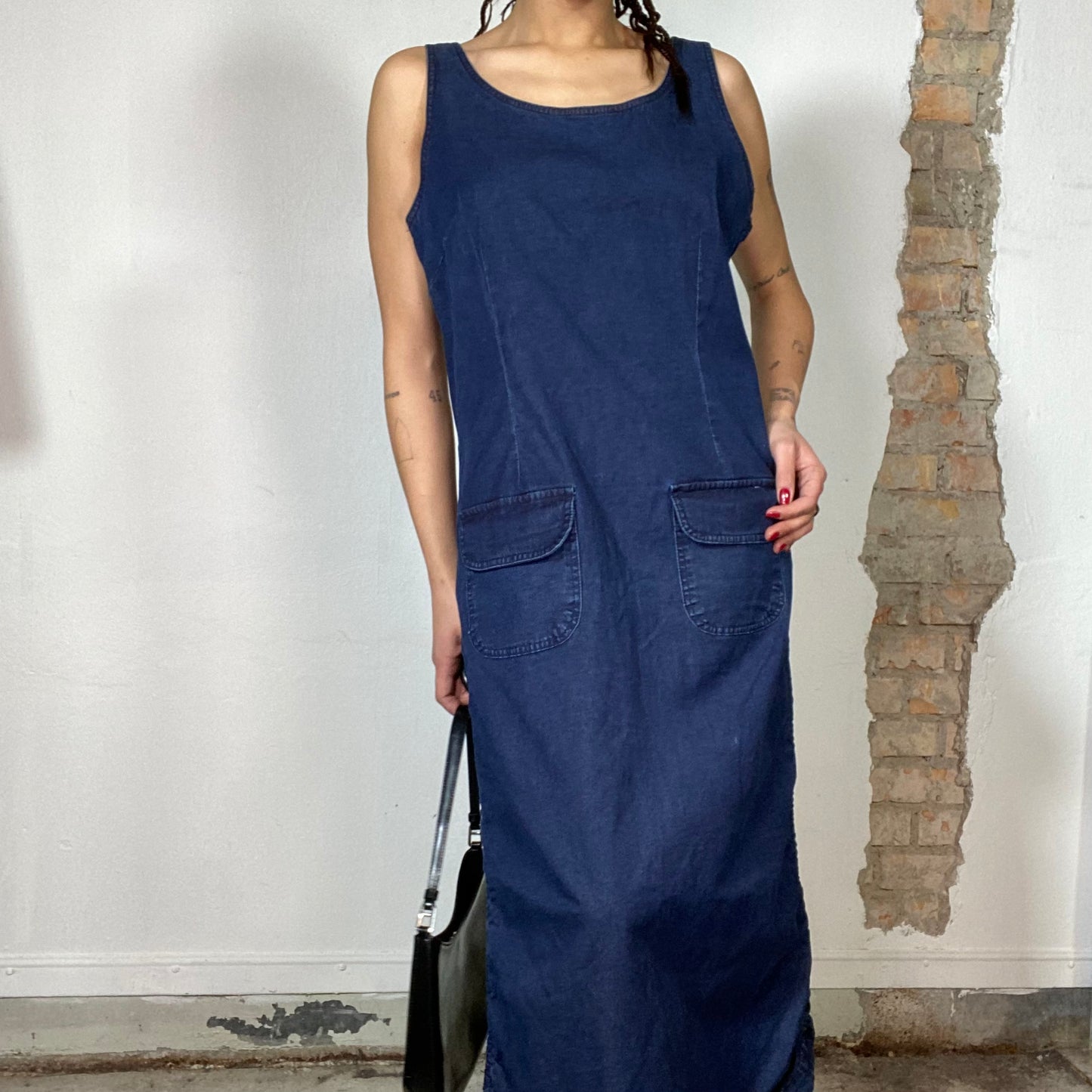 Vintage 90's Country Denim Maxi Dress with Pockets and Ruffle Side Details (M/L)