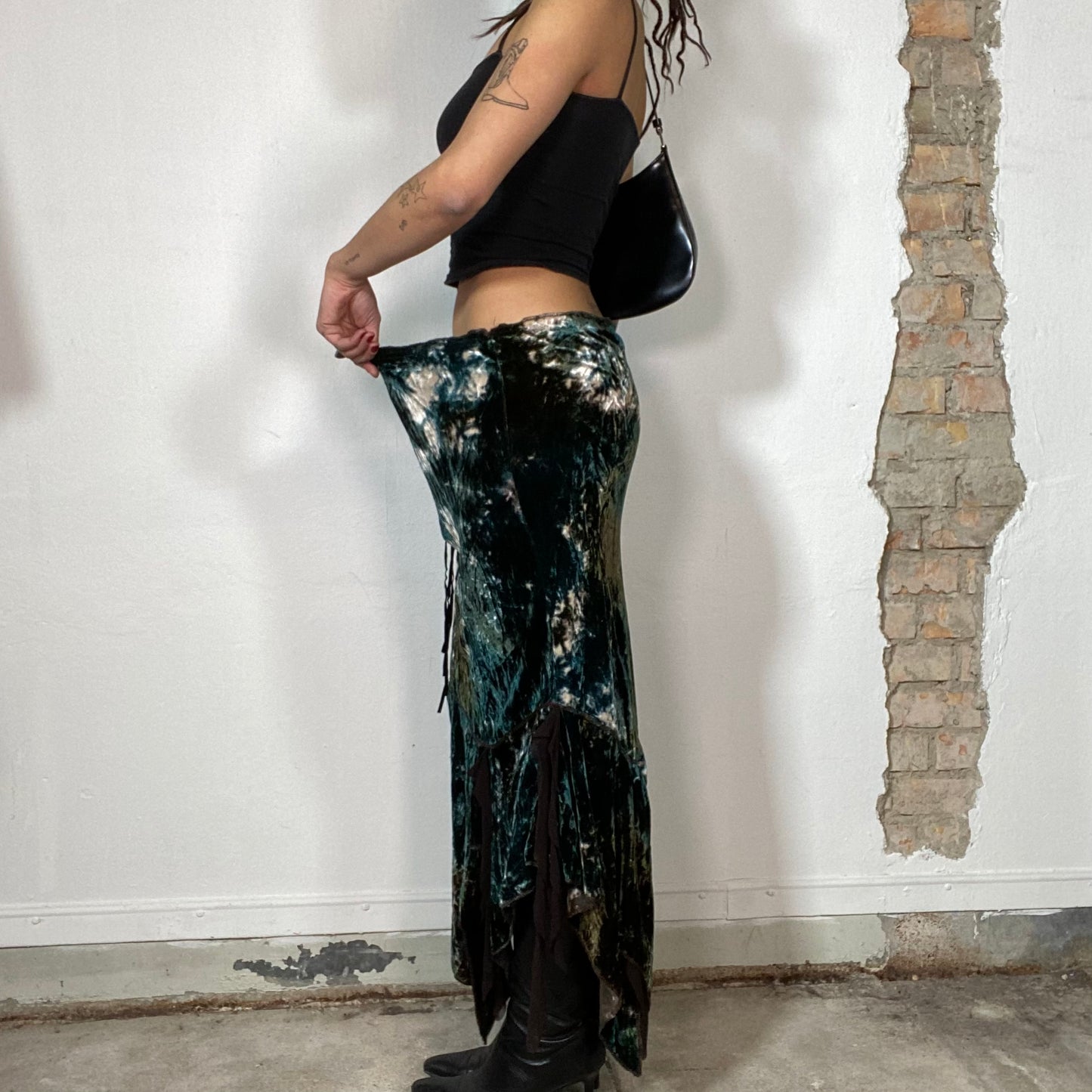 Vintage 2000's Whimsigoth Green Batik Velvet  Maxi Skirt with Lace and Lace Up Detail (M/L)