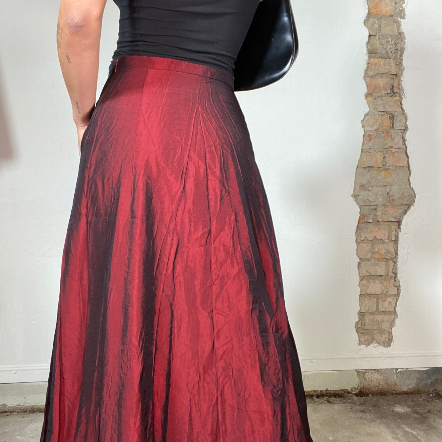 Vintage 90's Cyber Red Iridescent Pleated Maxi Skirt  (S/M)