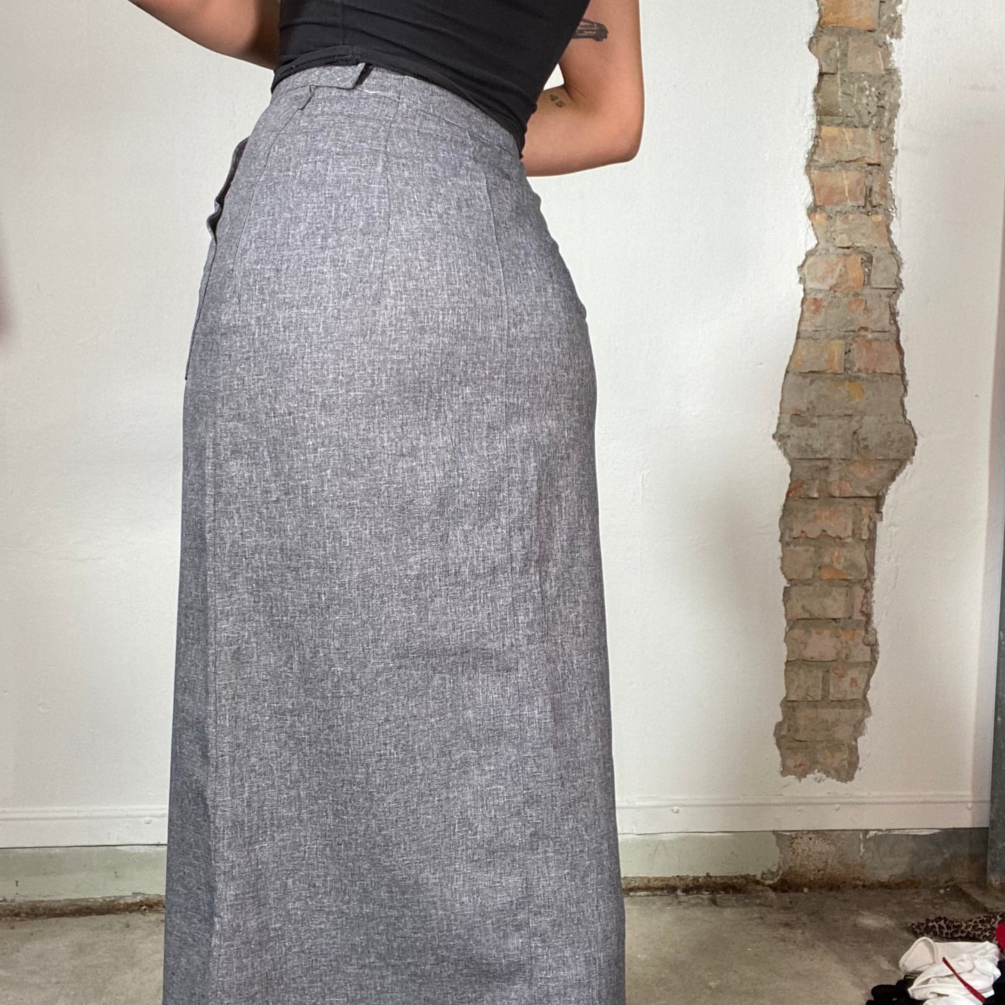 Vintage 90's Classic Grey Maxi Skirt with Side Slit (XS/S)