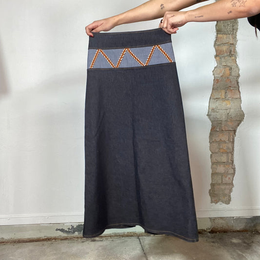 Vintage 90's Hippie Denim Maxi Skirt with ZickZack Embroidery (XS)