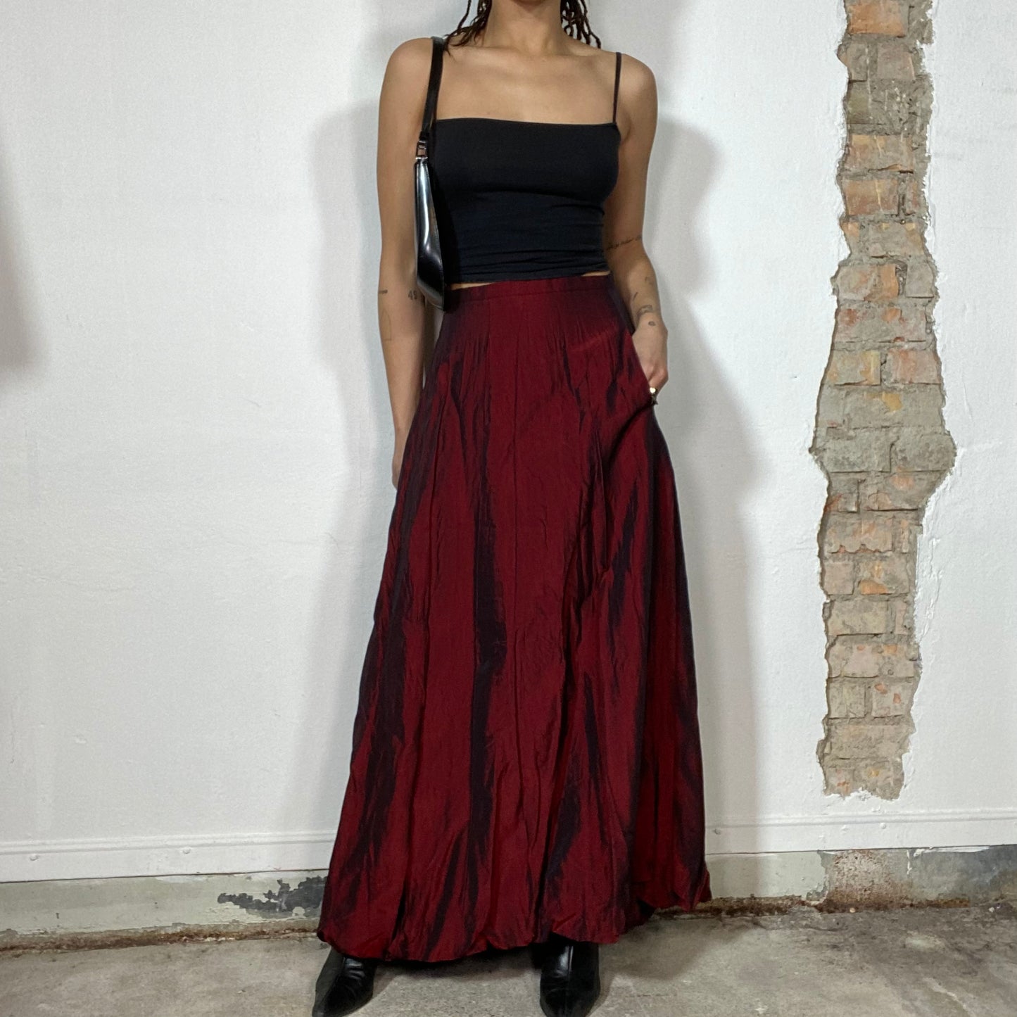 Vintage 90's Cyber Red Iridescent Pleated Maxi Skirt  (S/M)