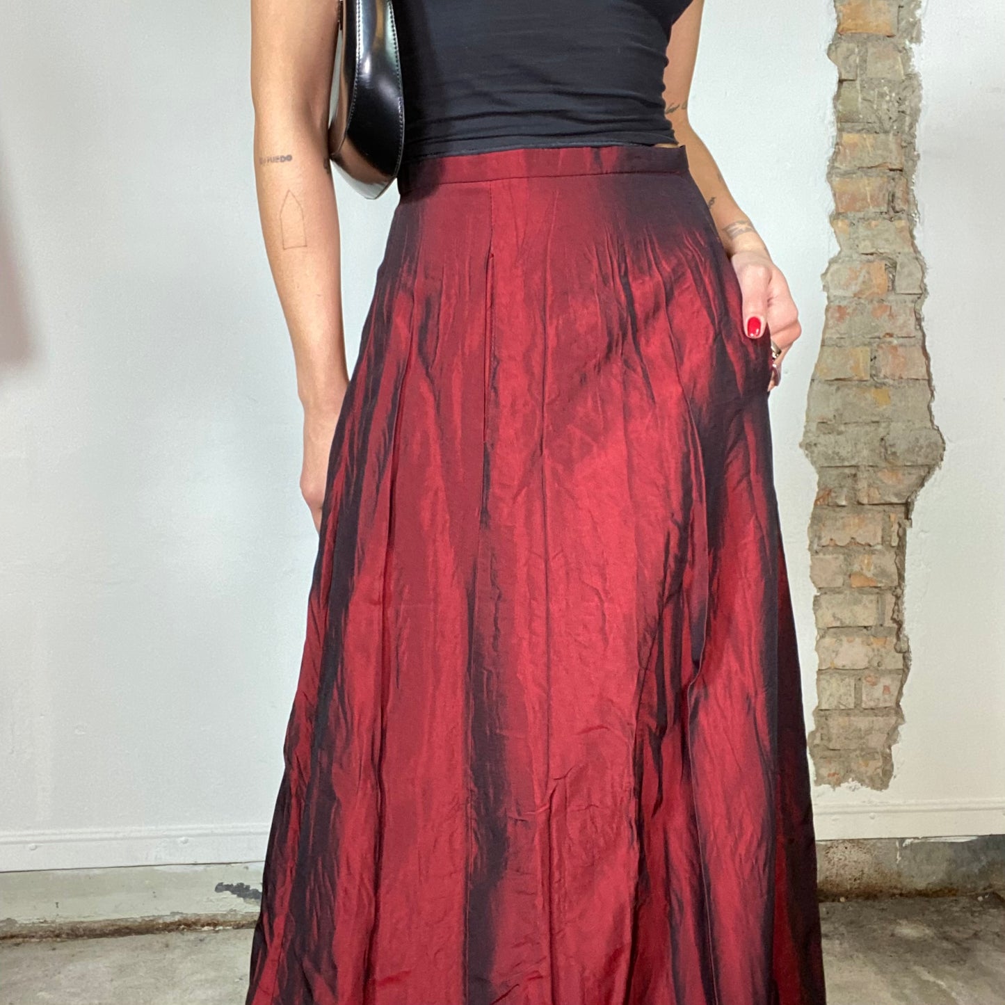 Vintage 90's Cyber Red Iridescent Pleated Maxi Skirt  (S/M)