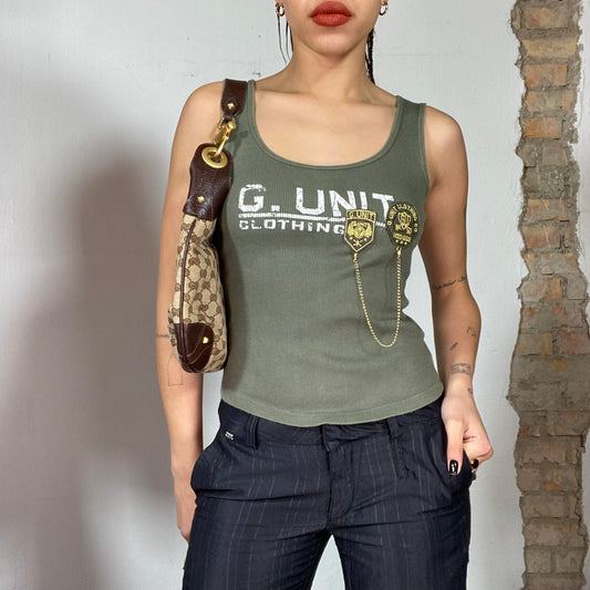 Vintage 90's Grunge Khaki Tank Top with 'G. Unit' Print and chain Detail (S/M)