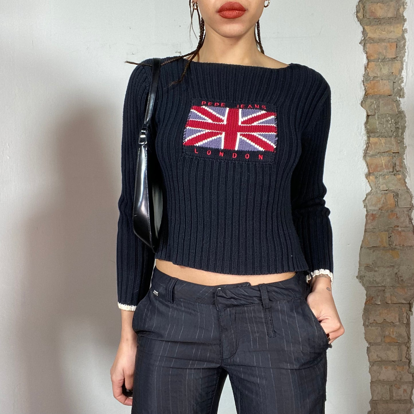 Vintage 90's Pepe Jeans Navy blue Ribbed Knit Sweater with UK Flag Print (S/M)