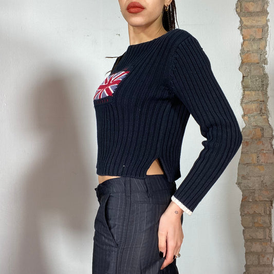 Vintage 90's Pepe Jeans Navy blue Ribbed Knit Sweater with UK Flag Print (S/M)