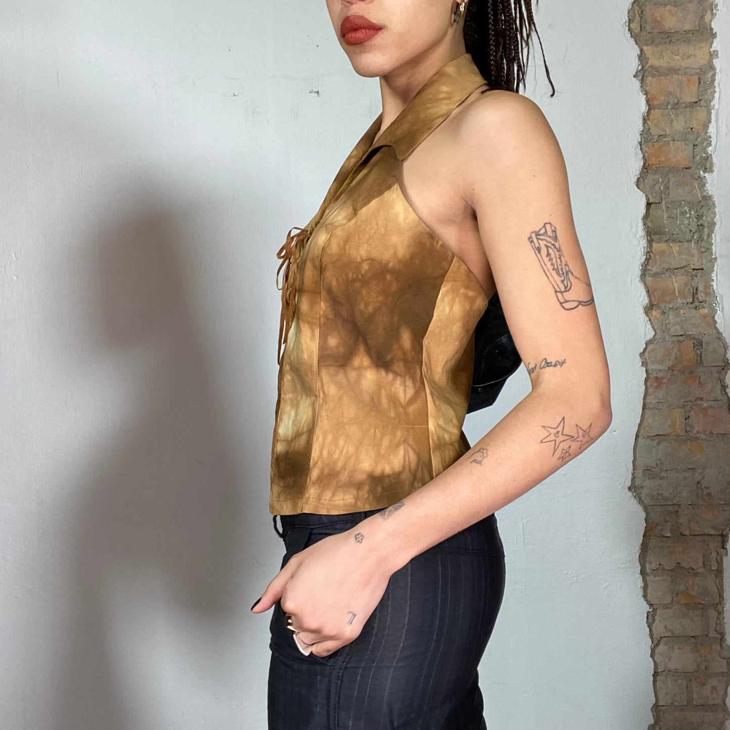 Vintage 90's Light Brown Batik Halter Neck Top with Lace Up Detail (M)