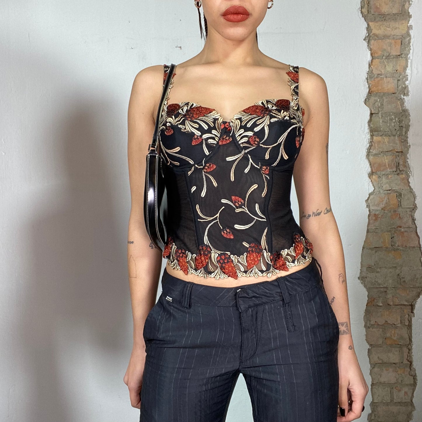 Vintage 90's Downtown Girl Black Corset Top with Gold and Red Flower Details (S/M)