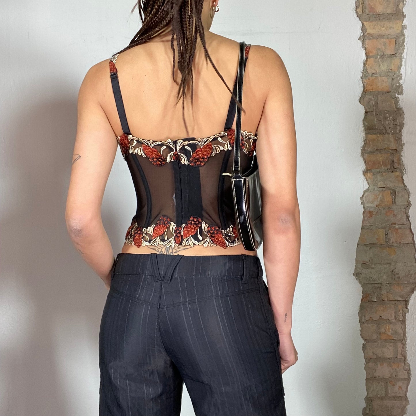 Vintage 90's Downtown Girl Black Corset Top with Gold and Red Flower Details (S/M)